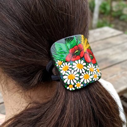 Дерев’яна резинка для волосся ручний розпис польові квіти