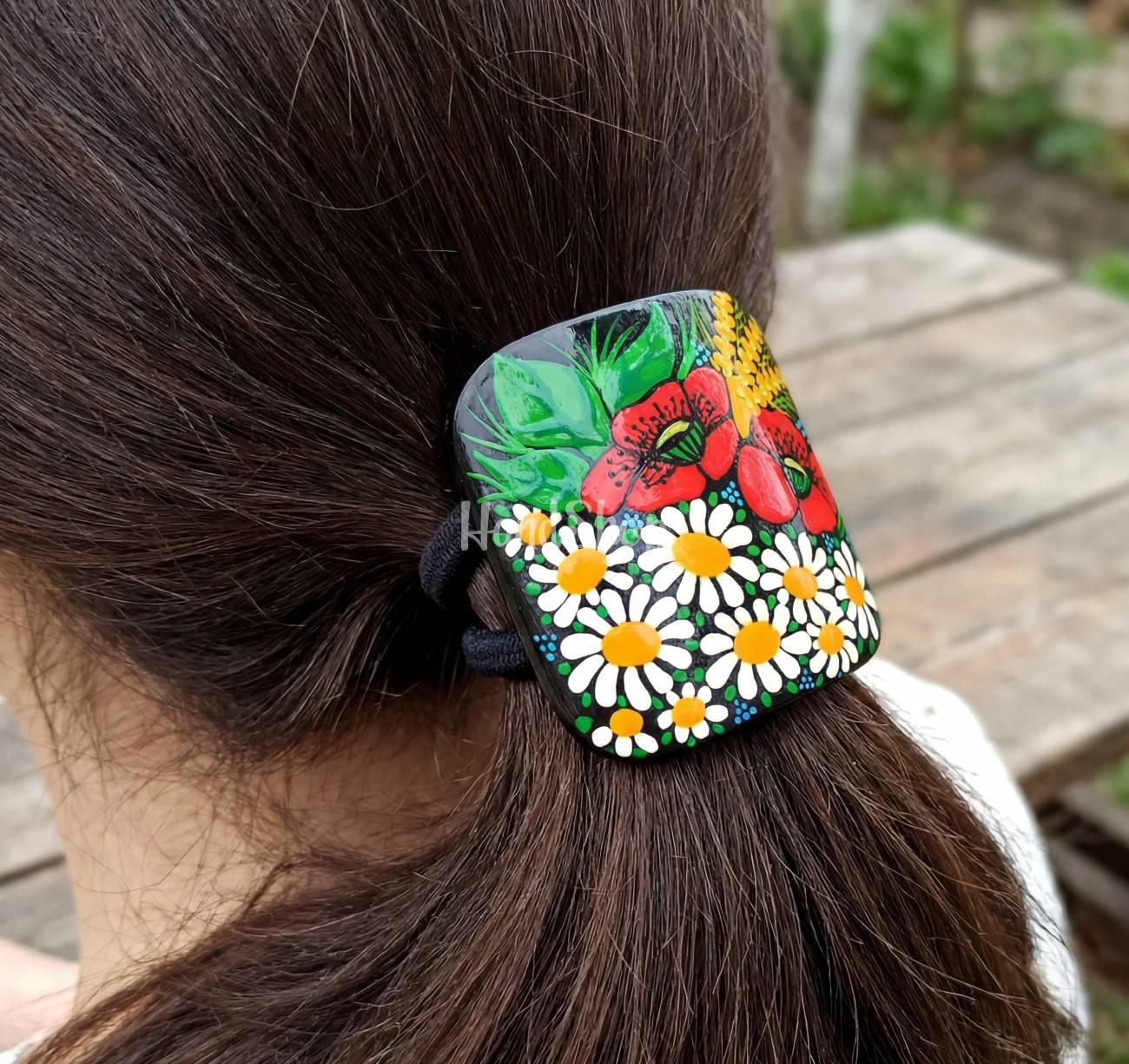 Дерев’яна резинка для волосся ручний розпис польові квіти Дерев’яна резинка для волосся ручний розпис польові квіти