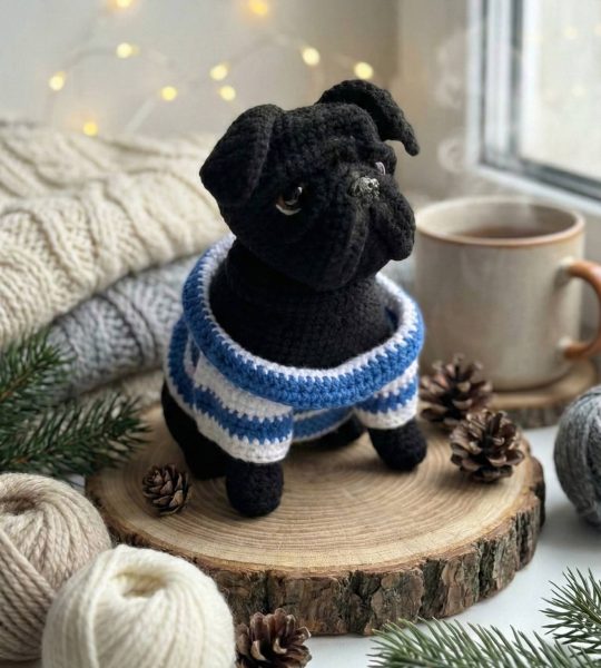Авторська іграшка в’язаний чорний песик мопс у кофтинці
