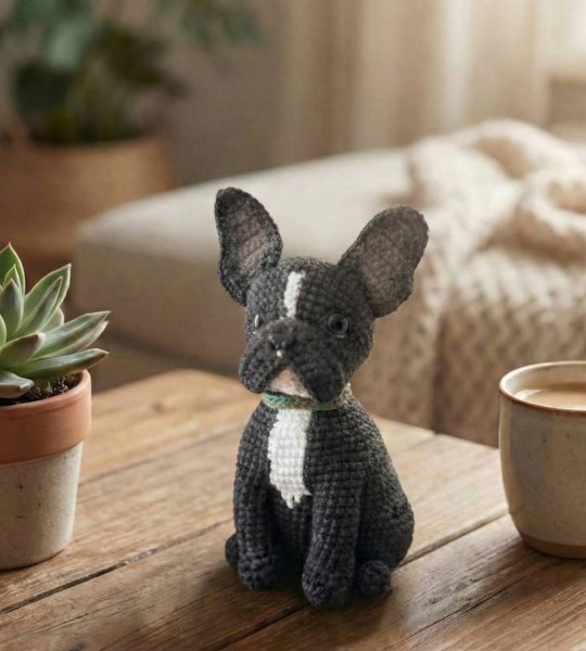 Авторська іграшка в’язаний пес французький бульдог чорний