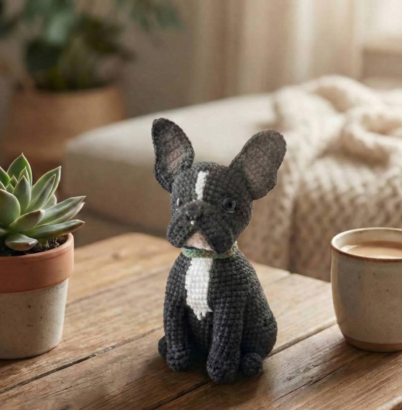 Авторська іграшка в’язаний пес французький бульдог чорний Авторська іграшка в’язаний пес французький бульдог чорний