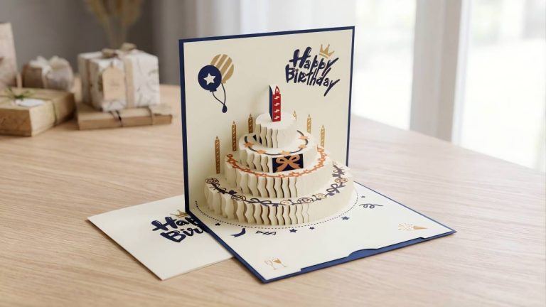 Красива універсальна аб’ємна 3D листівка Happy Birthday із святковим тортом – оригінальне привітання з днем народження