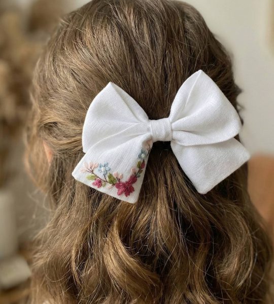 Бантик для волосся дитячий ручна вишивка рожеві квіти