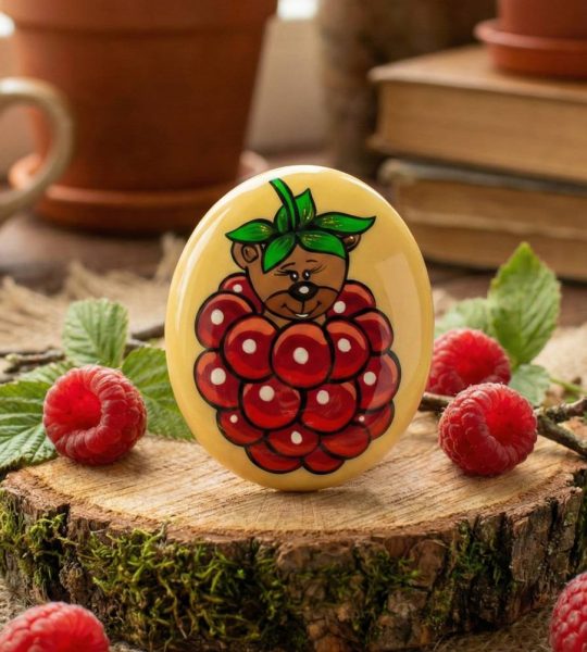 Дитяча овальна брошка ведмедик у ягідках розпис