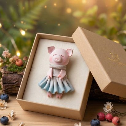 Дитяча брошка свинка дівчинка у сукні сувенір глина