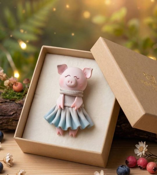 Дитяча брошка свинка дівчинка у сукні сувенір глина
