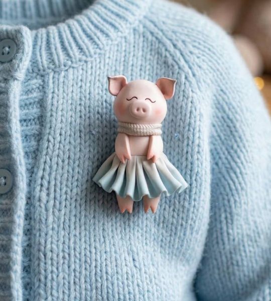Дитяча брошка свинка дівчинка у сукні сувенір глина