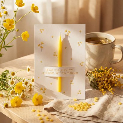 Жіноча листівка жовті квіти зі свічкою, сірником та чиркалом