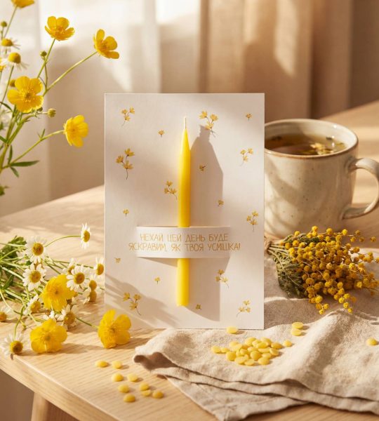 Жіноча листівка жовті квіти зі свічкою, сірником та чиркалом