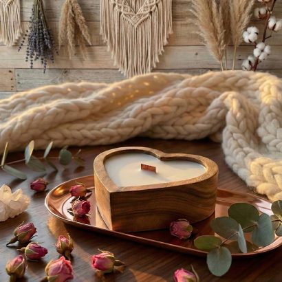 Авторська велика свічка серце з воску в дерев'яному кашпо