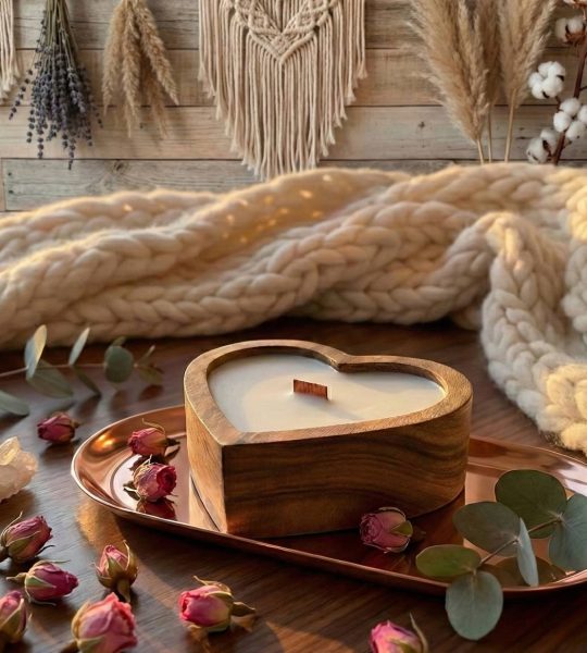 Авторська велика свічка серце з воску в дерев'яному кашпо