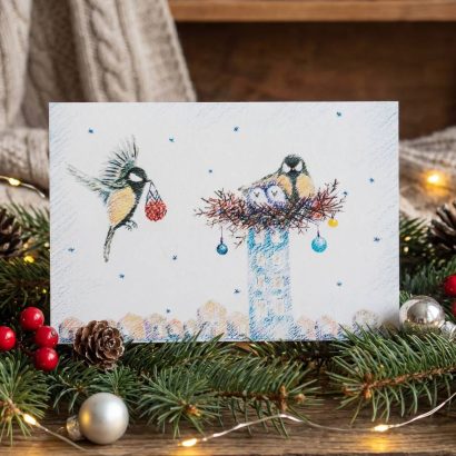 Зимова мальована двостороння листівка пташки Новий рік 2026
