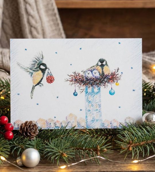 Зимова мальована двостороння листівка пташки Новий рік 2026