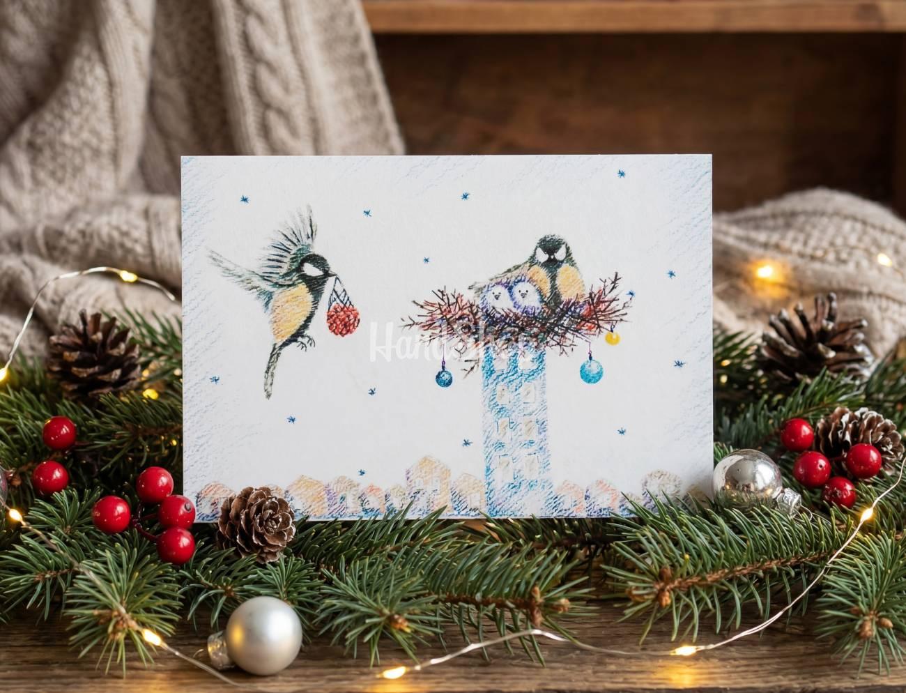 Зимова мальована двостороння листівка пташки Новий рік 2026 Зимова мальована двостороння листівка пташки Новий рік 2026