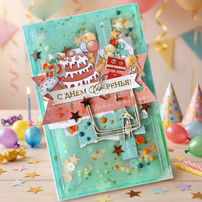 Дитяча об'ємна листівка з днем народження торт, паєтки