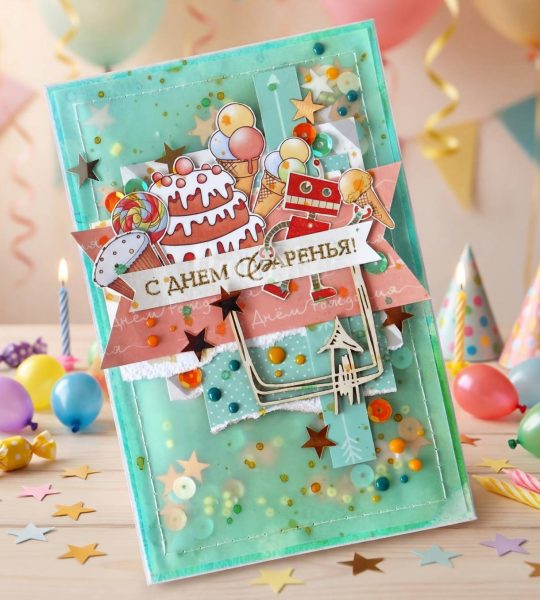 Дитяча об'ємна листівка з днем народження торт, паєтки