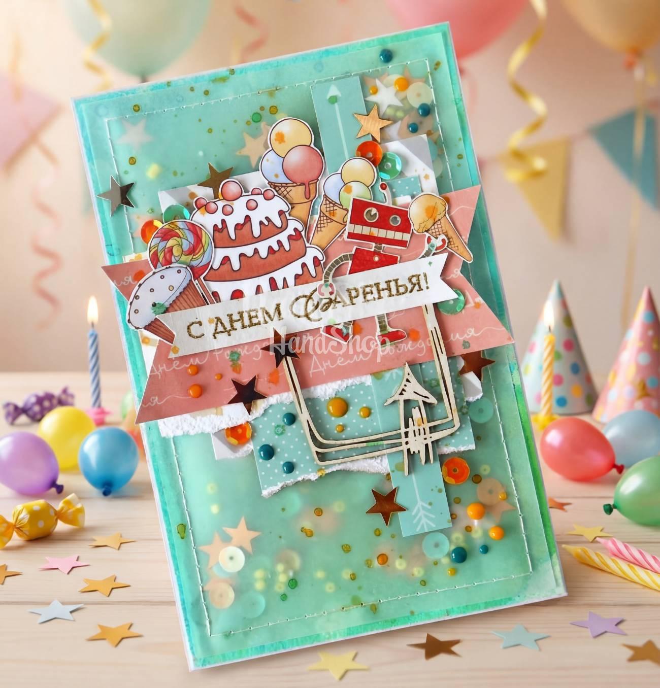 Дитяча об'ємна листівка з днем народження торт, паєтки Дитяча об'ємна листівка з днем народження торт, паєтки