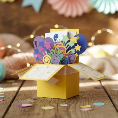 Об’ємна листівка коробочка день народження кульки, торт