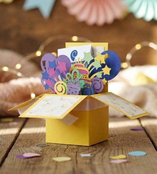 Об’ємна листівка коробочка день народження кульки, торт