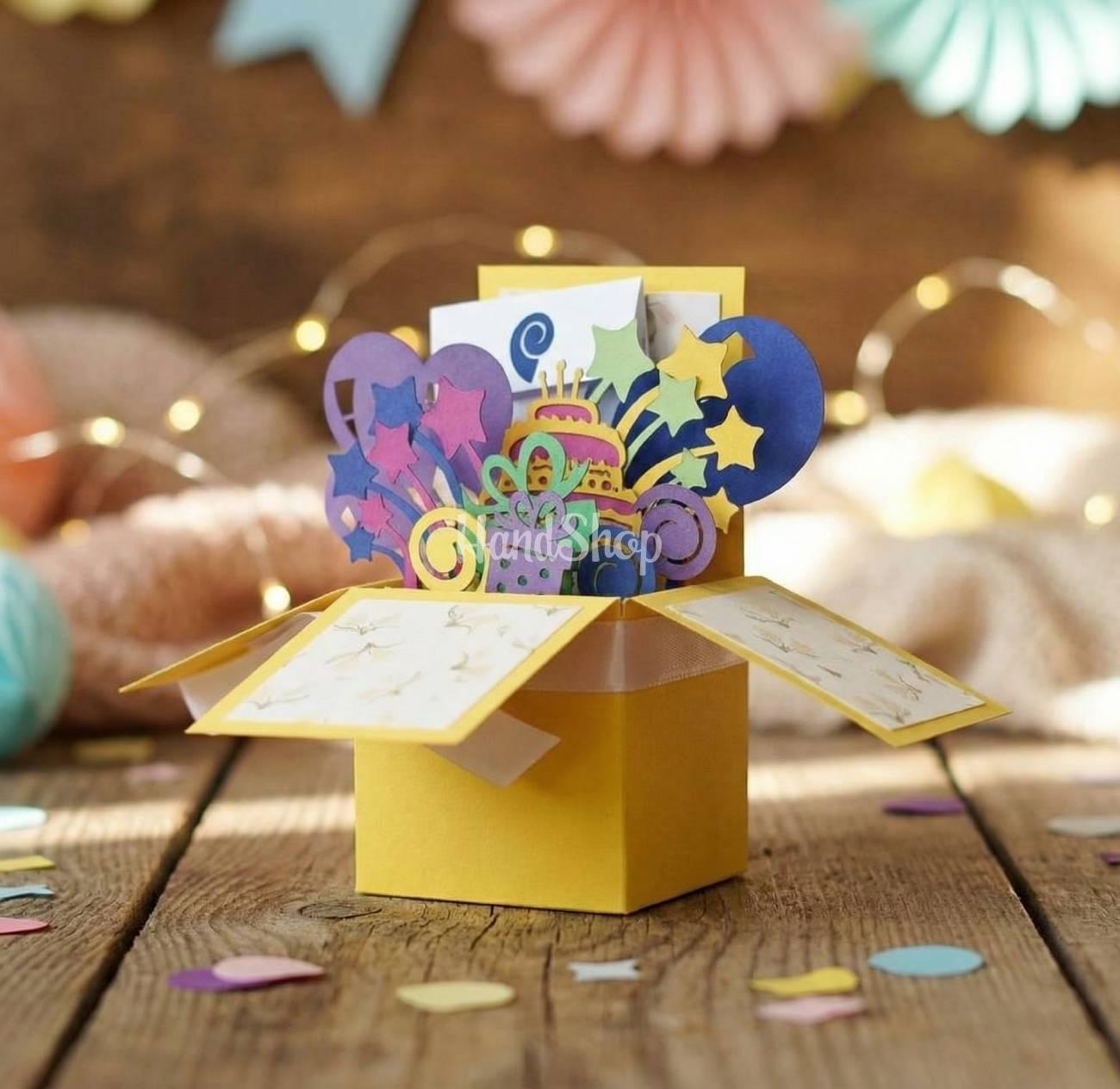 Об’ємна листівка коробочка день народження кульки, торт Об’ємна листівка коробочка день народження кульки, торт