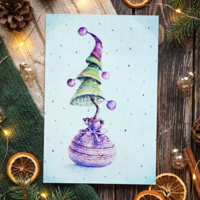 Листівка з Новим роком та Різдвом святкова ялинка 2026