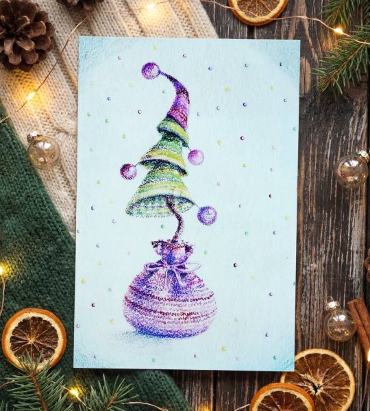 Листівка з Новим роком та Різдвом святкова ялинка 2026