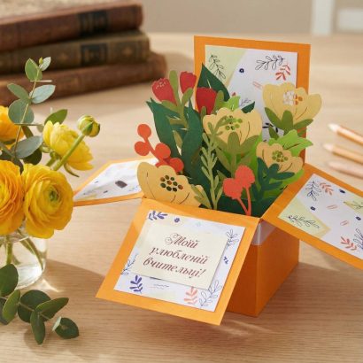 3d листівка коробочка осінні об'ємні квіти вчительці