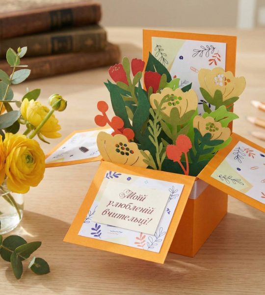 3d листівка коробочка осінні об'ємні квіти вчительці