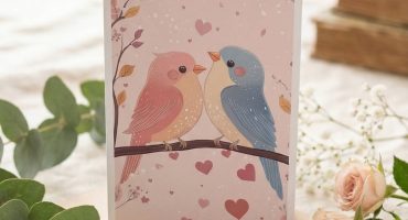 Листівка для молодят - романтичний дизайн з закоханою парою пташок, конверт для грошового подарунка