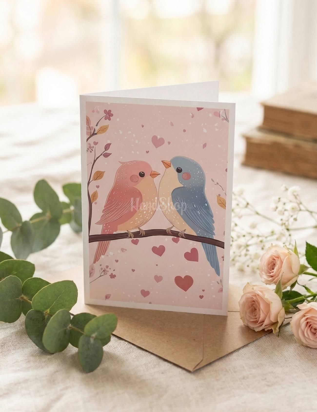 Романтична листівка валентинка закохана пара пташечки Романтична листівка валентинка закохана пара пташечки