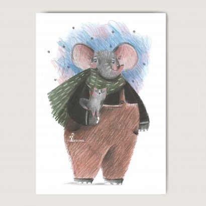 Двусторонняя открытка звери слон и кошка рисованная