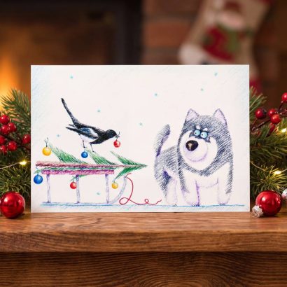 Листівка мальована собака хаскі, ялинка Різдво 2026
