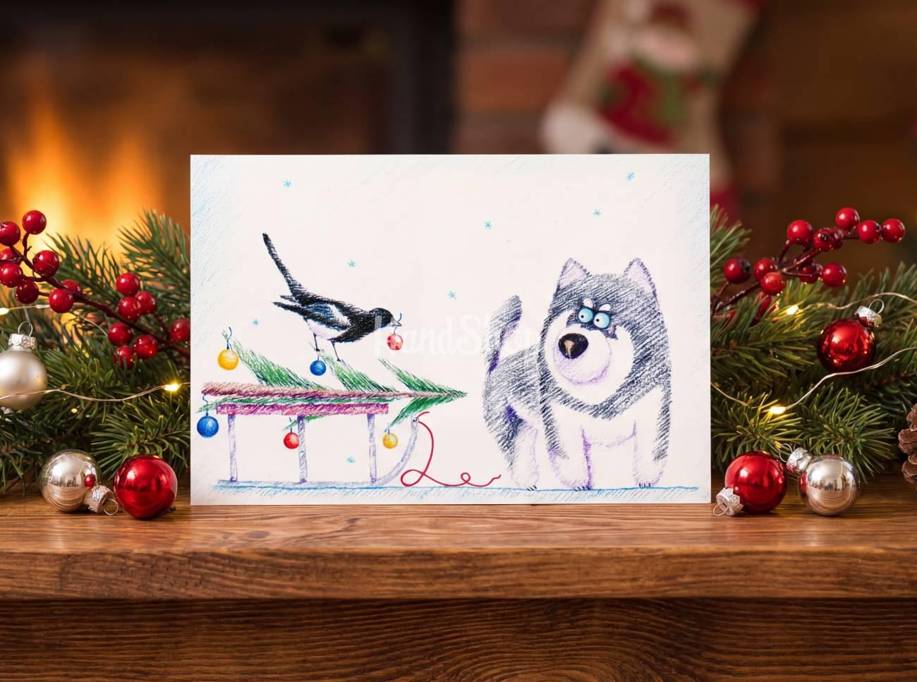 Листівка мальована собака хаскі, ялинка Різдво 2026 Листівка мальована собака хаскі, ялинка Різдво 2026