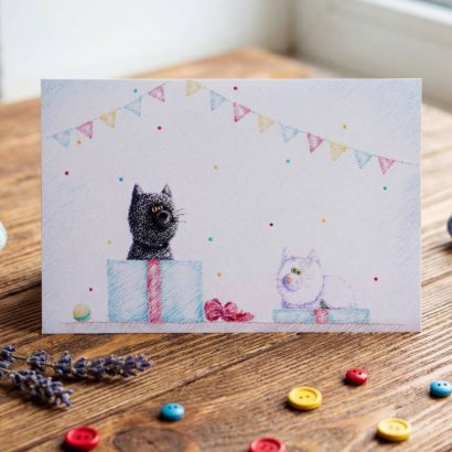 Вітальна листівка коти подарунок з днем народження мальована