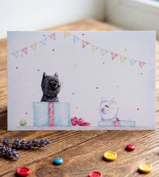 Вітальна листівка коти подарунок з днем народження мальована