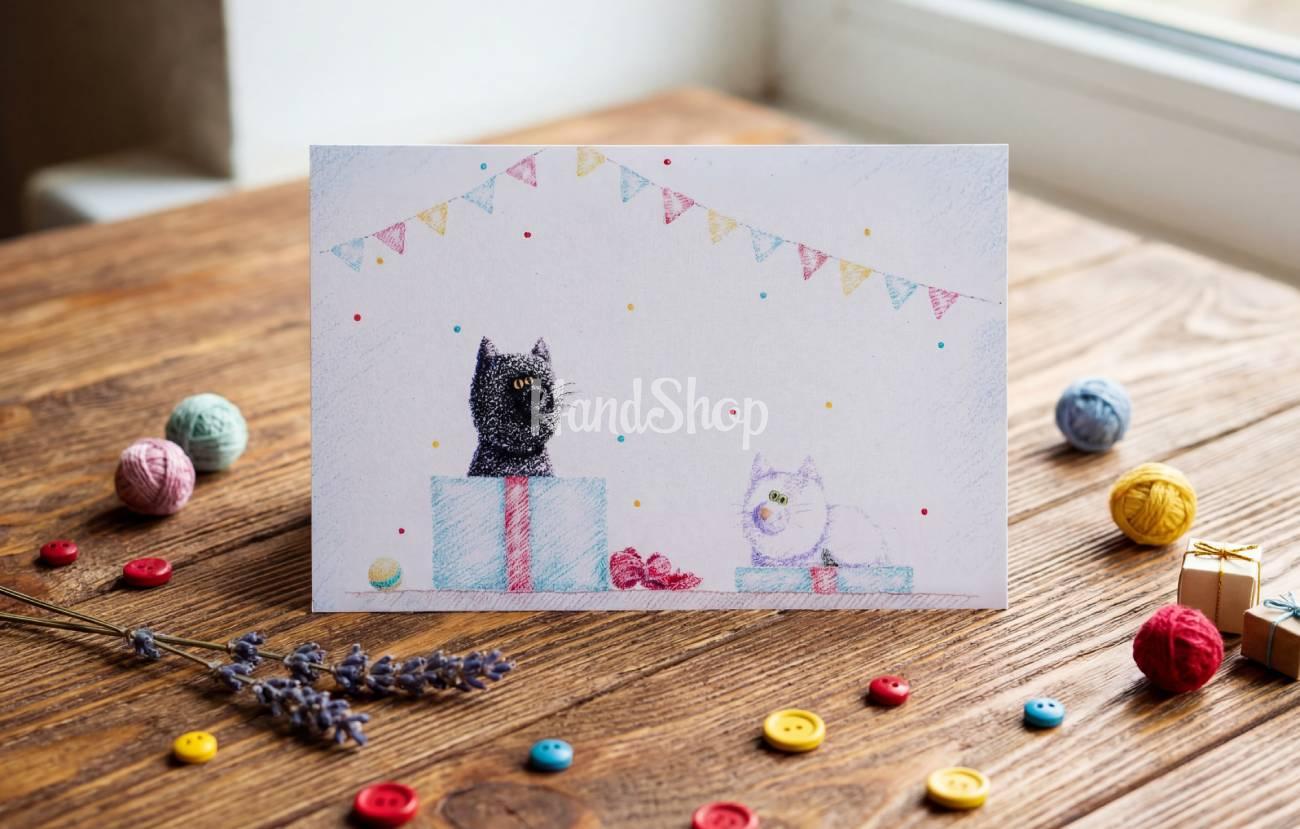 Вітальна листівка коти подарунок з днем народження мальована Вітальна листівка коти подарунок з днем народження мальована