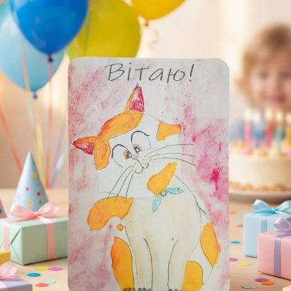 Вітальна дитяча листівка з днем народження мальована котик