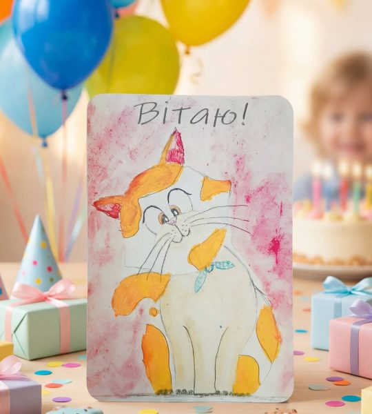 Вітальна дитяча листівка з днем народження мальована котик
