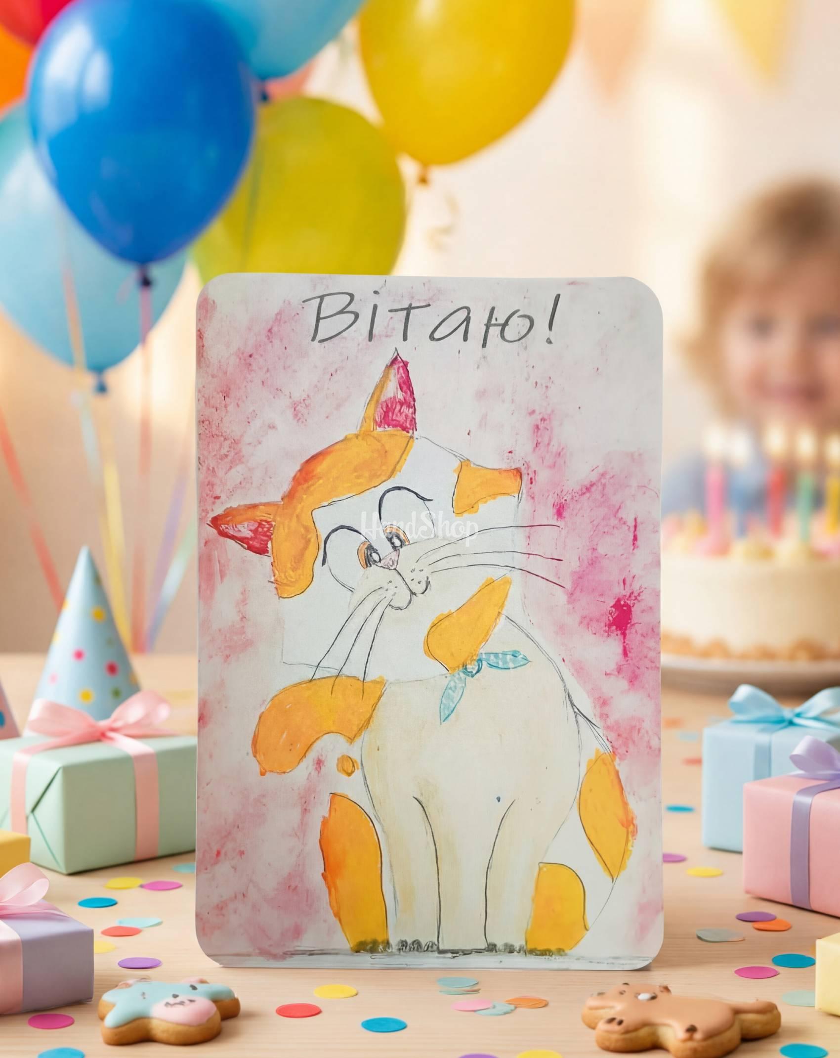 Вітальна дитяча листівка з днем народження мальована котик Вітальна дитяча листівка з днем народження мальована котик