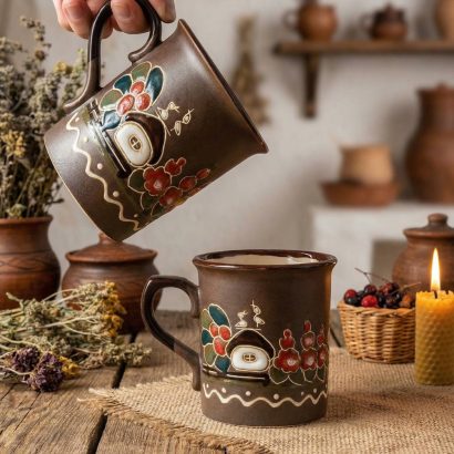 Керамічна чашка хатинка, лелеки, мальви ручний розпис