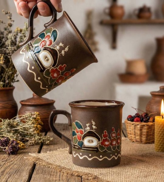 Керамічна чашка хатинка, лелеки, мальви ручний розпис