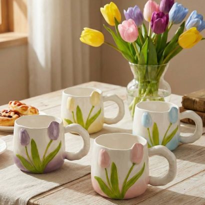 Велика чашка біла керамічна з квітами тюльпани (на вибір!)