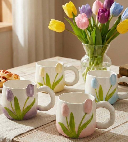 Велика чашка біла керамічна з квітами тюльпани (на вибір!)