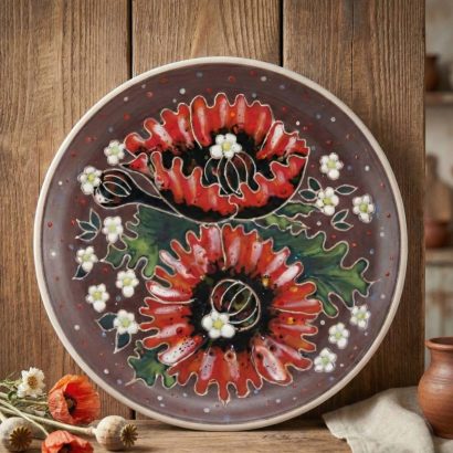 Декоративна настінна тарілка польові червоні маки кераміка