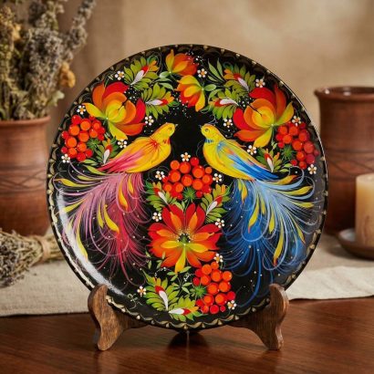 Керамічна тарілка панно петриківський розпис пташки
