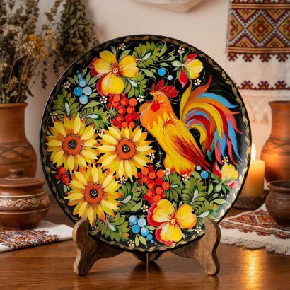 Керамічна тарілка панно петриківський розпис півник