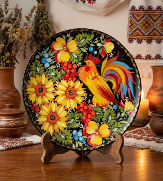 Керамічна тарілка панно петриківський розпис півник