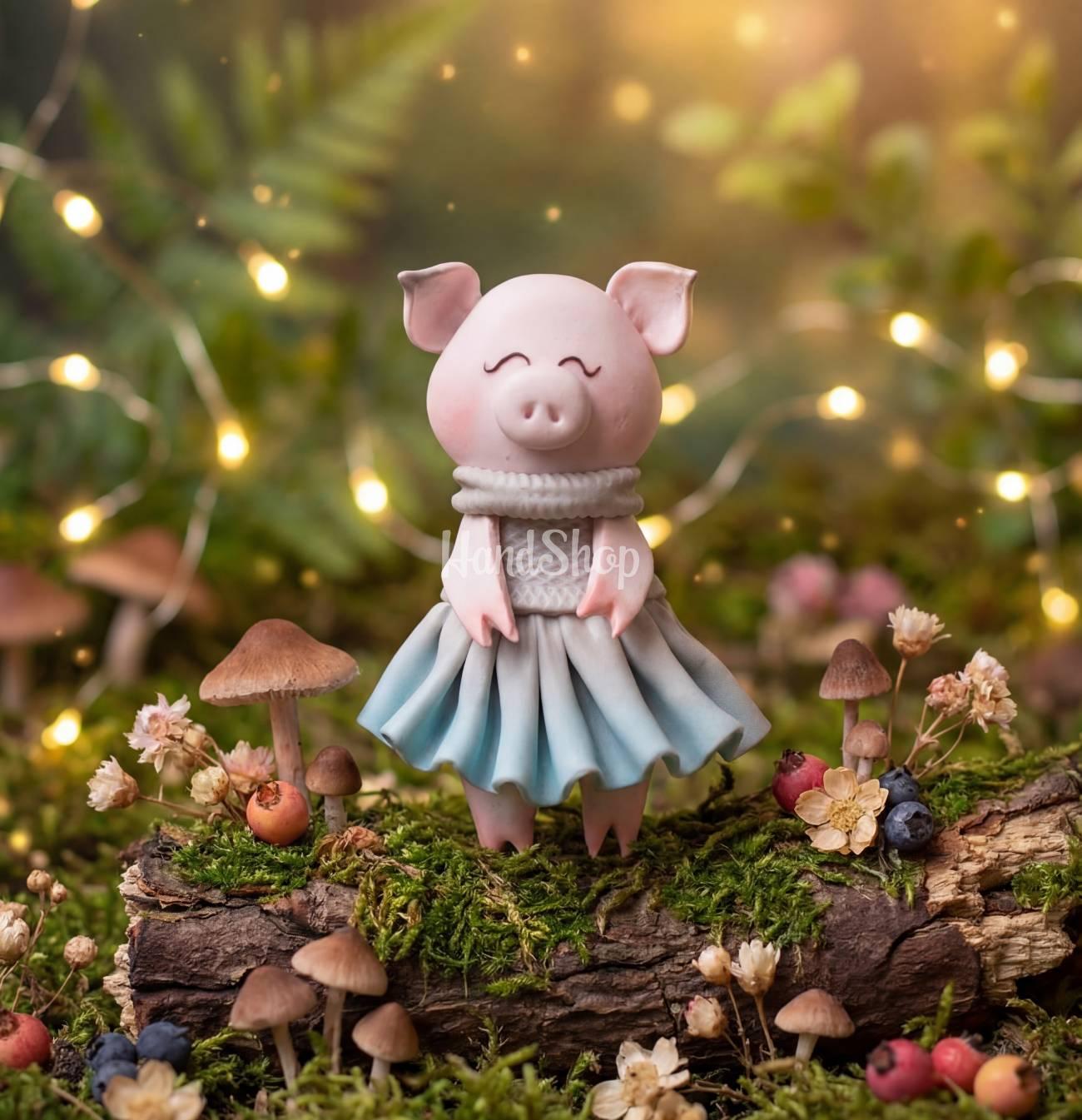 Дитяча брошка свинка дівчинка у сукні сувенір глина Дитяча брошка свинка дівчинка у сукні сувенір глина