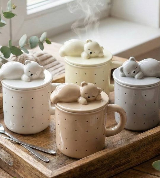 Чашка керамічна з кришкою та ложкою ведмежа (на вибір!)