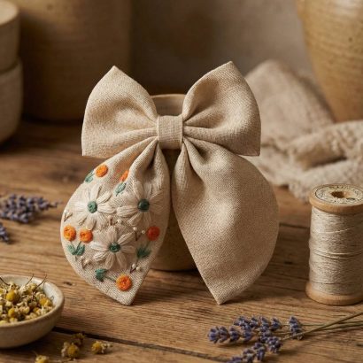 Дитячий бант для волосся вишивка польові квіти, льон